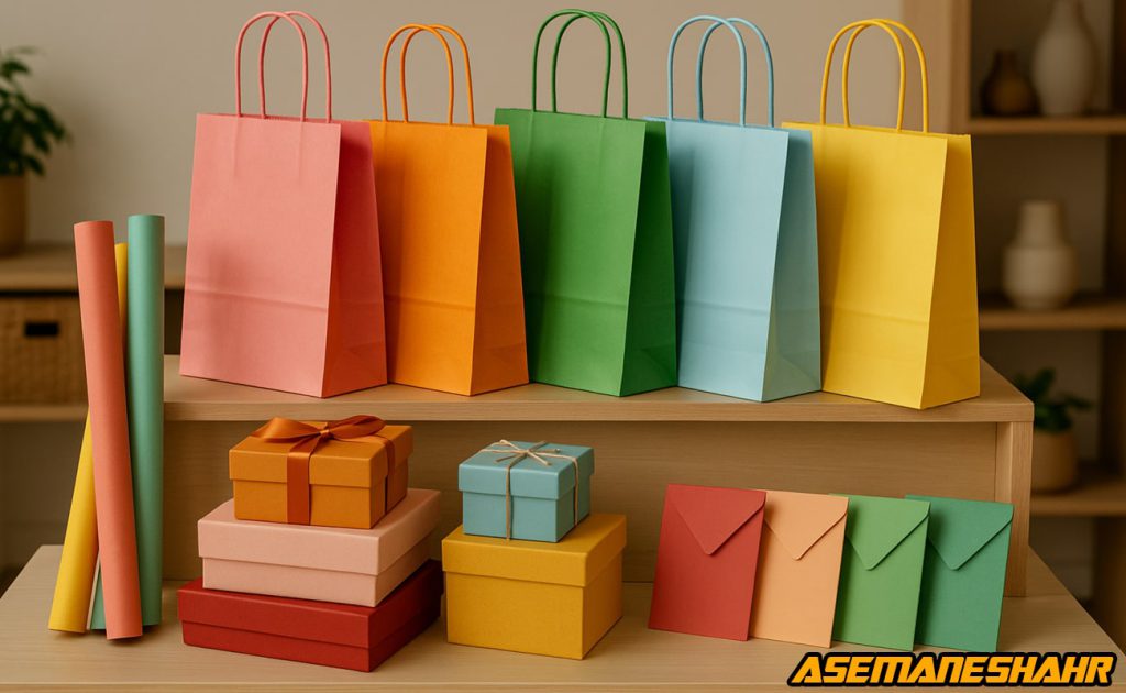 ساک دستی و جعبه هدیه رنگی آسمان شهر با پاکت پول و کاغذ کادو در دکور مدرن.