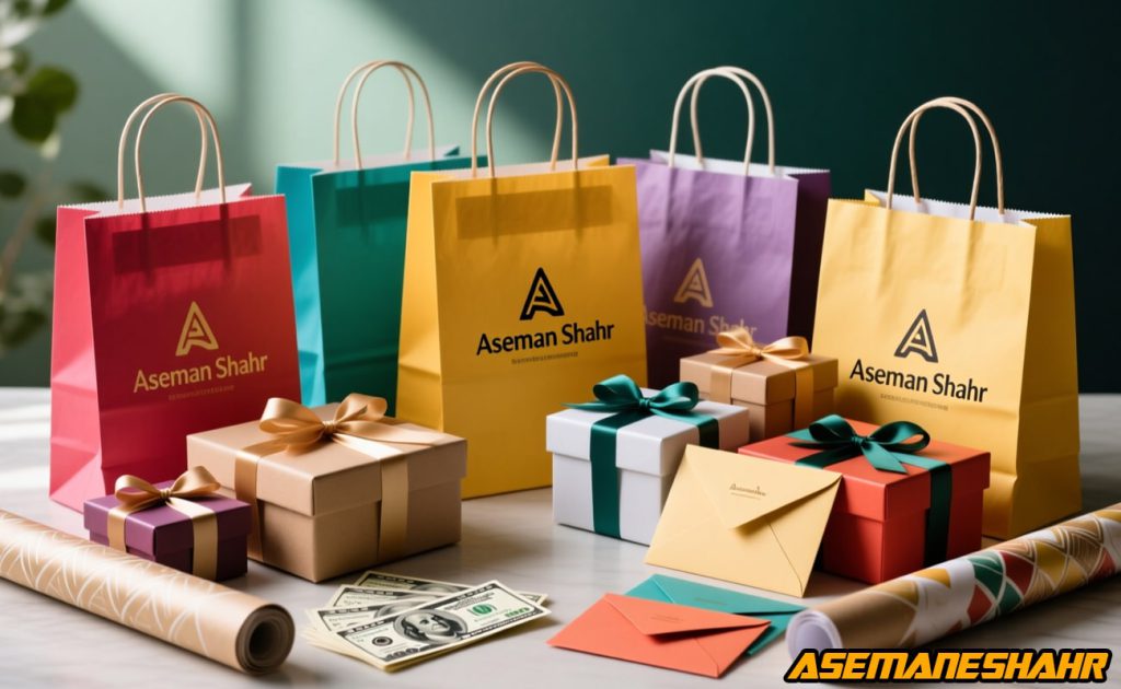 پاکت هدیه آسمان شهر با جعبه کادویی و پاکت پول رنگی در بسته بندی لوکس.