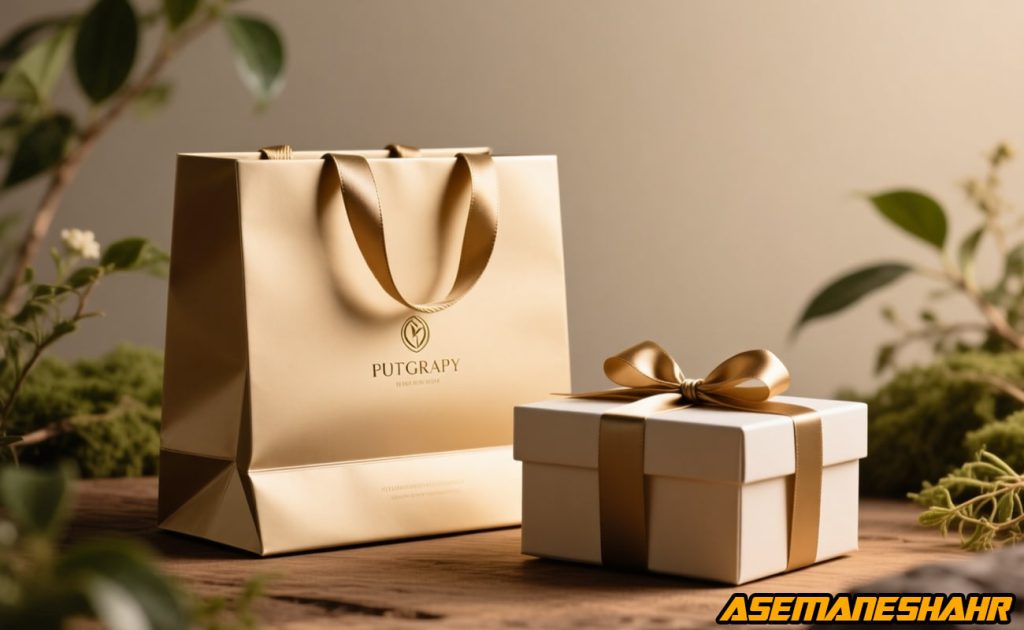 پاکت هدیه و جعبه لوکس طلایی با روبان ساتن روی میز چوبی در فضای سبز کوچک | بسته بندی شیک برند Putgrapy برای هدیه های خاص.