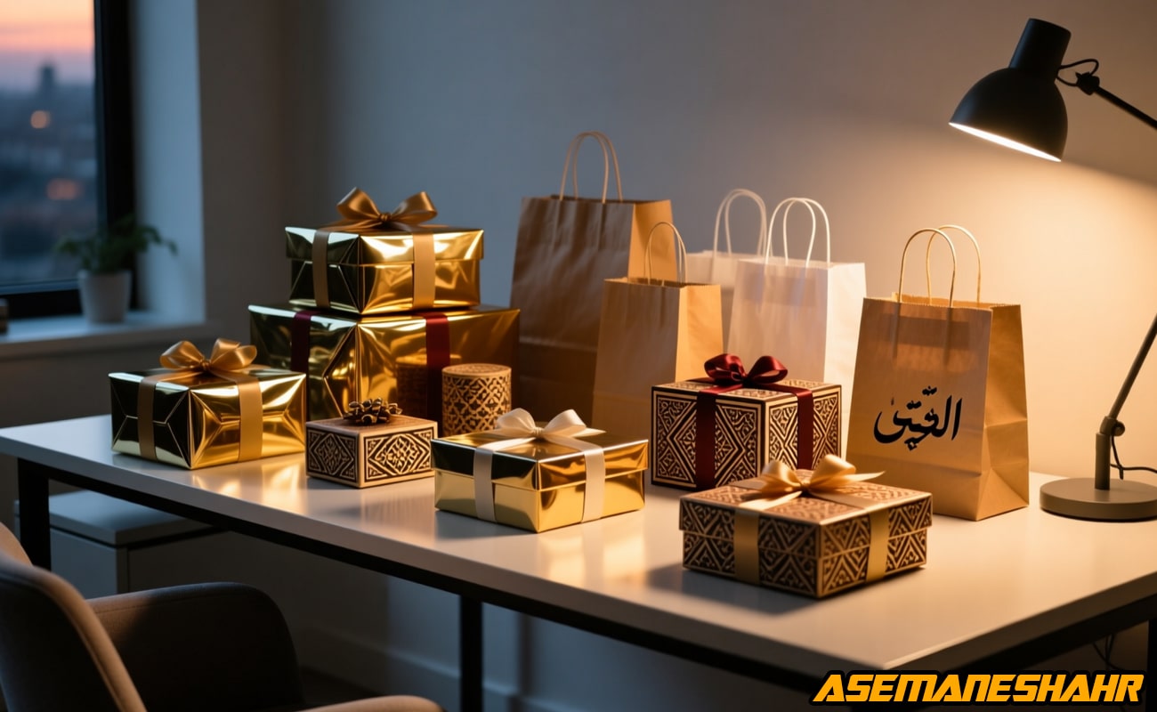 میز کاری پر از جعبه‌ های هدیه طلایی و طرح‌ دار همراه با ساک‌ های کاغذی برند آسمان‌ شهر، نور گرم چراغ رومیزی.