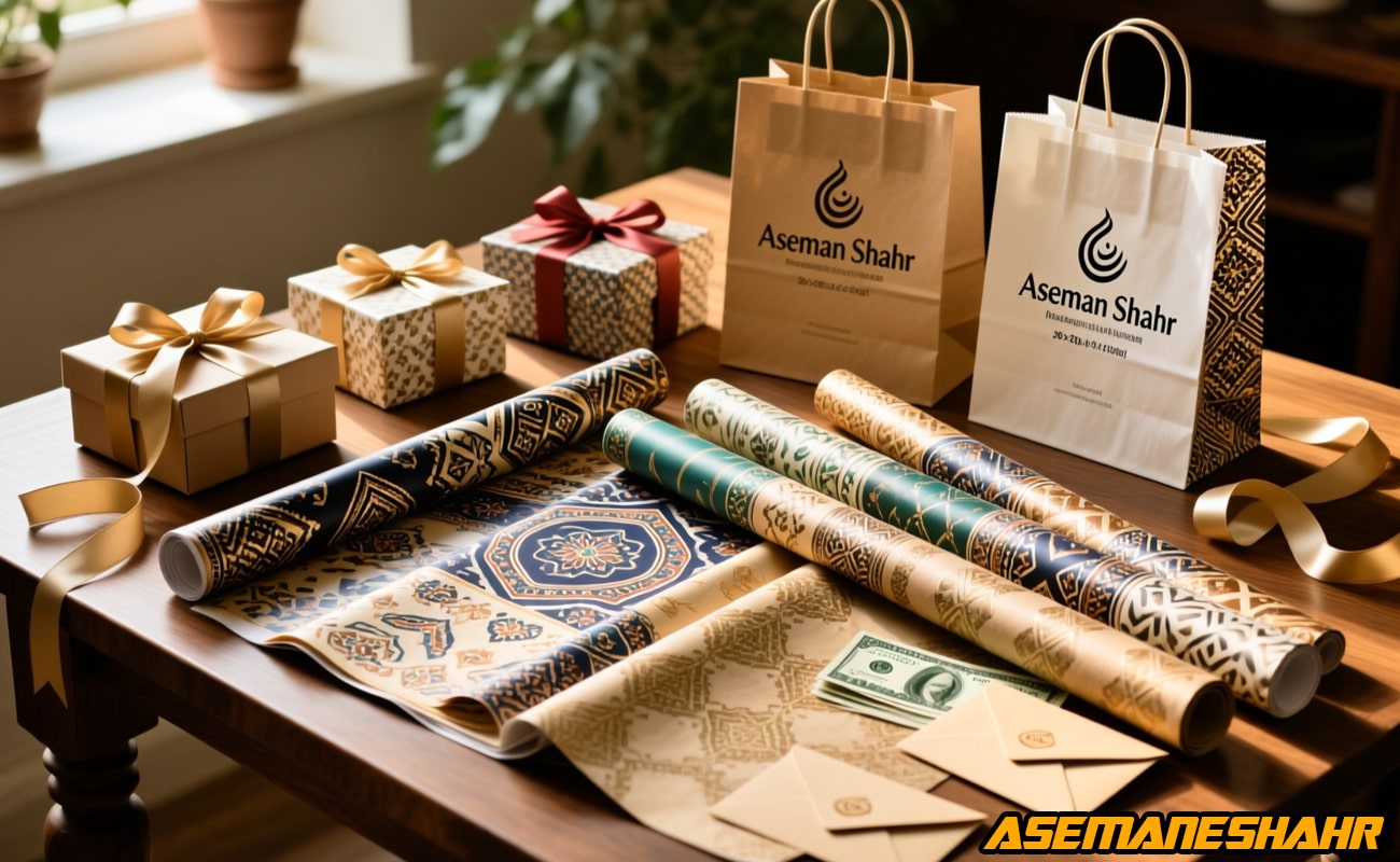 کاغذ کادو ایرانی با طرح‌ های سنتی و لوکس، همراه ساک دستی کاغذی، جعبه کادو روبان‌ دار، پاکت پول و اسکناس تزئینی روی میز چوبی.