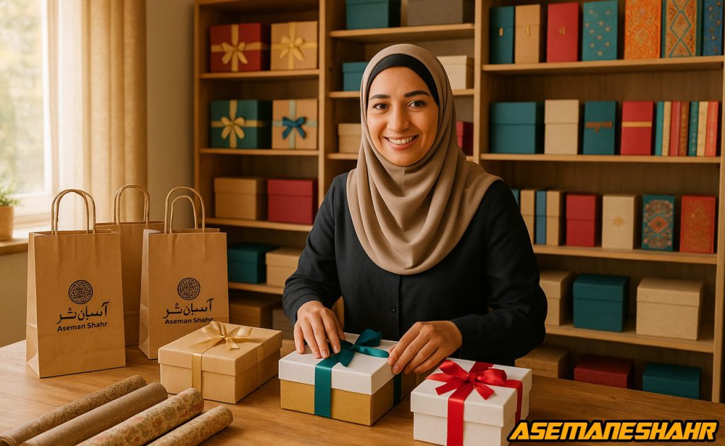 کارآفرین زن ایرانی در حال بسته‌ بندی جعبه های هدیه با روبان قرمز و سبز آبی، کنار پاکت هدیه و رول کاغذ کادو در کارگاه.