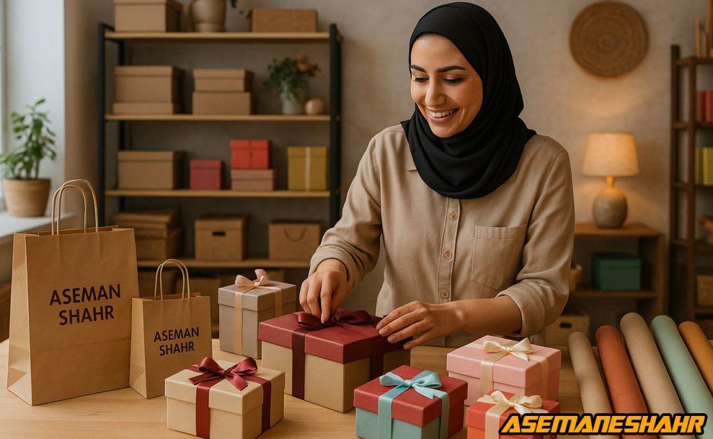 کارآفرین زن ایرانی در حال آماده‌ سازی جعبه‌ های کادویی با روبان‌ های مجلسی قرمز، سفید و آبی، کنار ساک دستی در کارگاه.