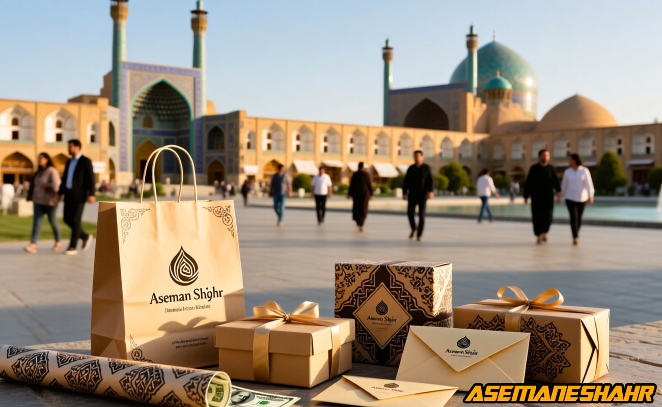 بسته‌ بندی کادویی آسمان شهر با ساک دستی و جعبه کرافت طرح سنتی در میدان نقش جهان اصفهان.