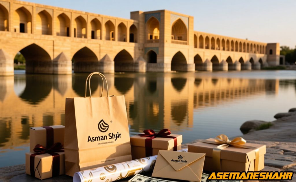 بگشاپ و جعبه هدیه برند آسمان شهر کنار پل خواجو اصفهان با بسته‌ بندی لوکس.