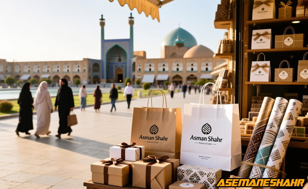 پاکت هدیه و جعبه کادویی آسمان شهر با کاغذ کادوی طرح سنتی در فروشگاه میدان نقش جهان اصفهان.