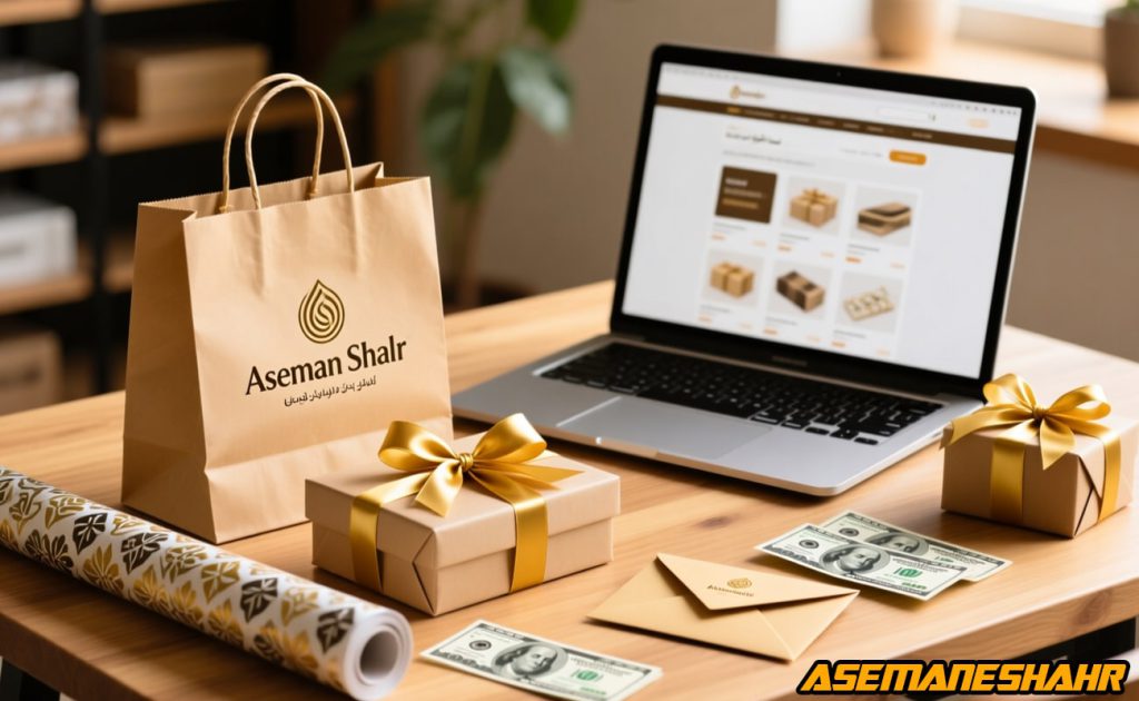 بسته‌بندی فروشگاه اینترنتی آسمان‌ شهر با پاکت هدیه، جعبه کادو و روبان، پاکت پول و کاغذ کادو در کنار لپ تاپ نمایش دهنده محصولات.