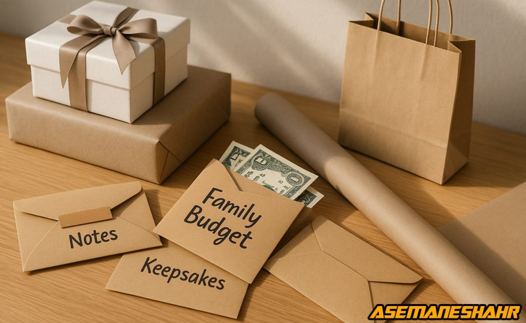 پاکت پول کرافت با کاربردهای متنوع، یادداشت و نگهداری خاطرات، کنار جعبه کادویی، بگ و بسته‌ بندی‌ های کاغذی روی میز چوبی.