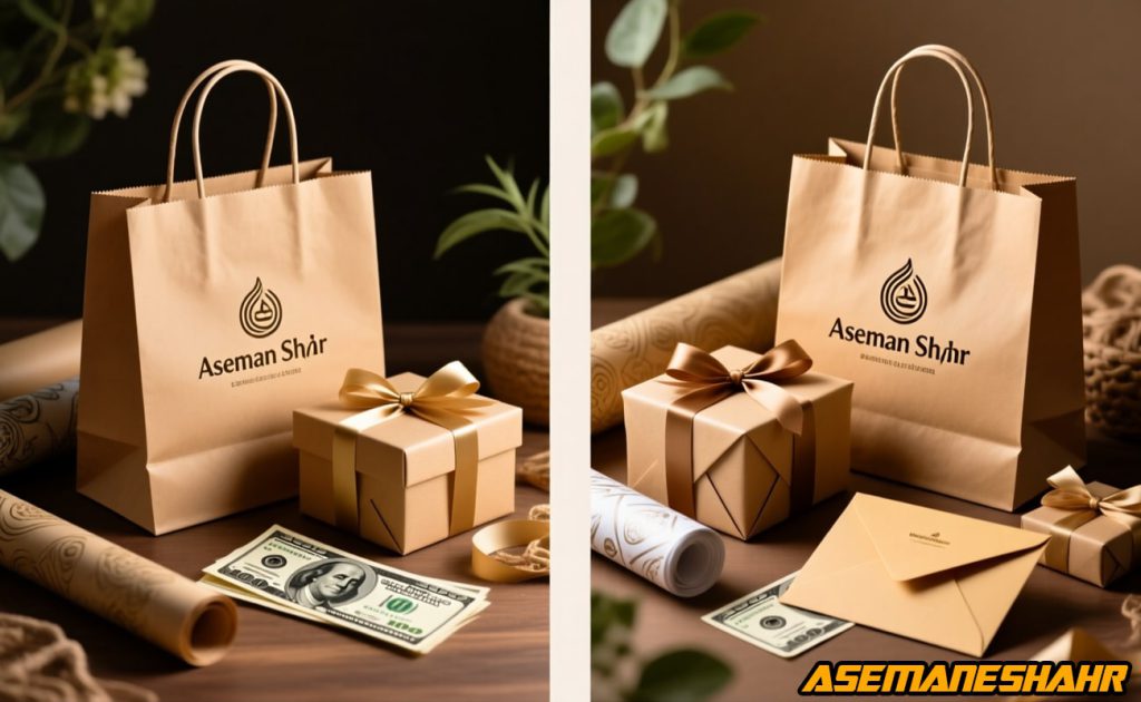 پاکت هدیه آسمان شهر با جعبه کادویی و کاغذ کادو طرح دار کنار پاکت پول روی میز چوبی، دکور مینیمال و شیک.