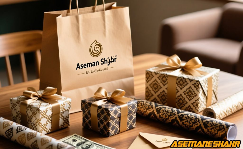 ساک دستی آسمان شهر با جعبه هدیه شیک، کاغذ کادو طرح سنتی و پاکت پول روی میز چوبی.