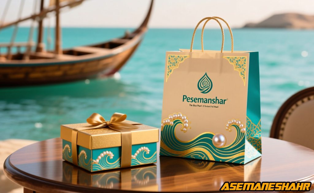 ساک دستی آسمان شهر با طرح موج و مروارید کنار جعبه هدیه طلایی روی میز چوبی در ساحل خلیج فارس با پس‌ زمینه لنج سنتی.