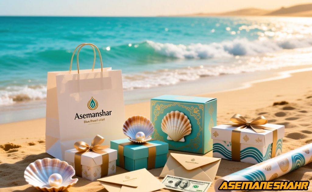 پاکت هدیه آسمان شهر با جعبه کادویی و پاکت پول طرح صدف و موج در ساحل خلیج فارس با پس زمینه آب فیروزه ای.