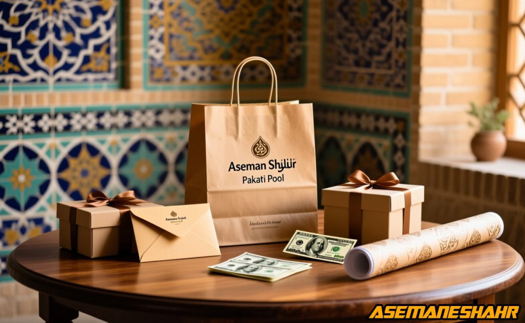پاکت پول و جعبه کادویی آسمان شهر با بسته‌ بندی کرافت در دکور سنتی کاشی‌ کاری اصفهان.