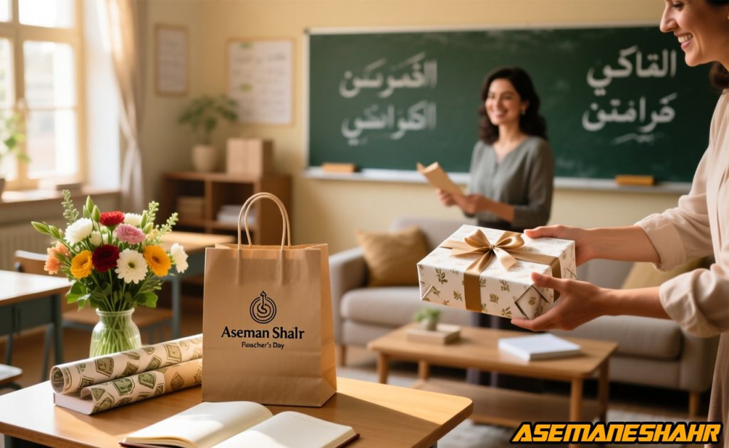 جعبه کادویی شیک با روبان طلایی و پاکت هدیه برند آسمان شهر روی میز کلاس روز معلم همراه گلهای رنگارنگ و کاغذ کادو طرح دلار.