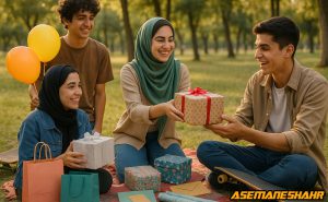 لحظه اهدای جعبه هدیه خال‌ دار با روبان قرمز در جشن روز نوجوان برند آسمان‌ شهر روی پیک‌ نیک در پارک.