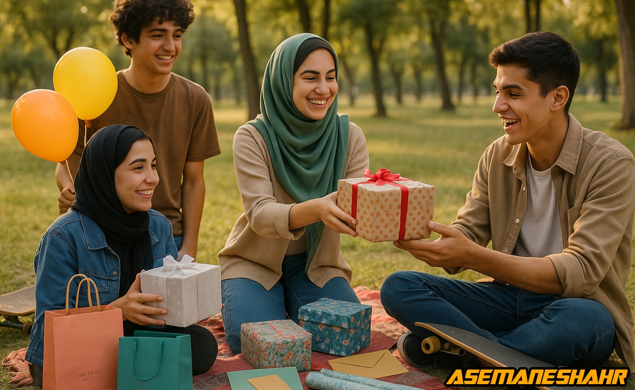 لحظه اهدای جعبه هدیه خال‌ دار با روبان قرمز در جشن روز نوجوان برند آسمان‌ شهر روی پیک‌ نیک در پارک.