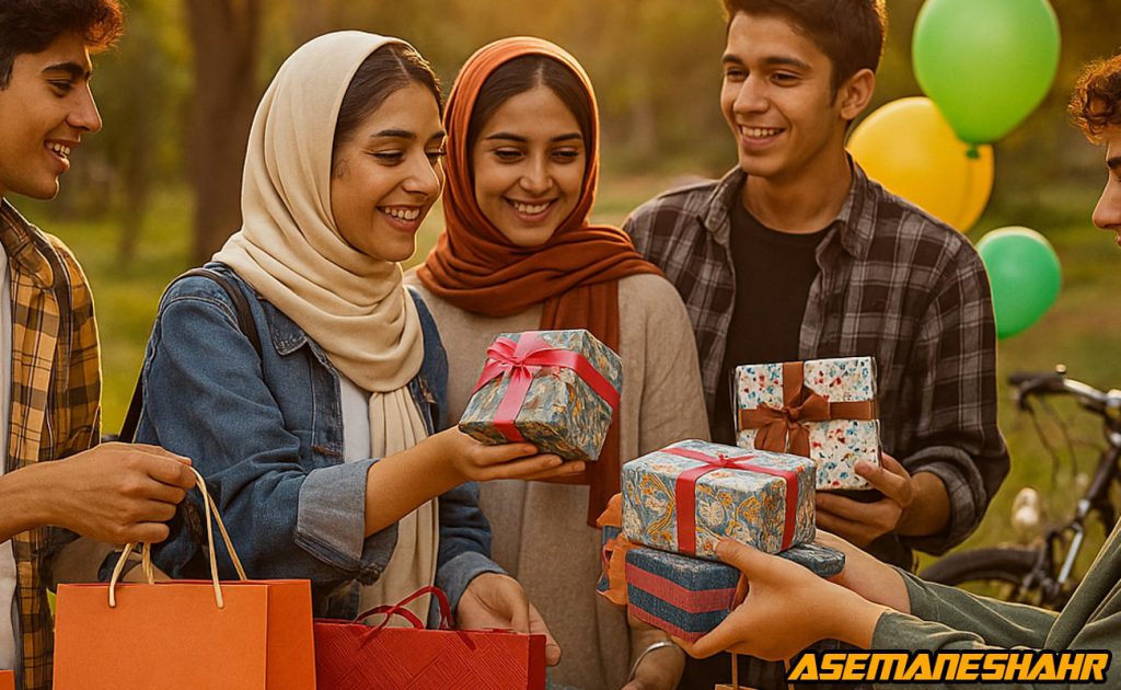 جشن روز نوجوان در فضای باز با تبادل جعبه‌ های کادویی رنگارنگ آسمان‌ شهر و بادکنک‌ های سبز و زرد پس‌ زمینه.