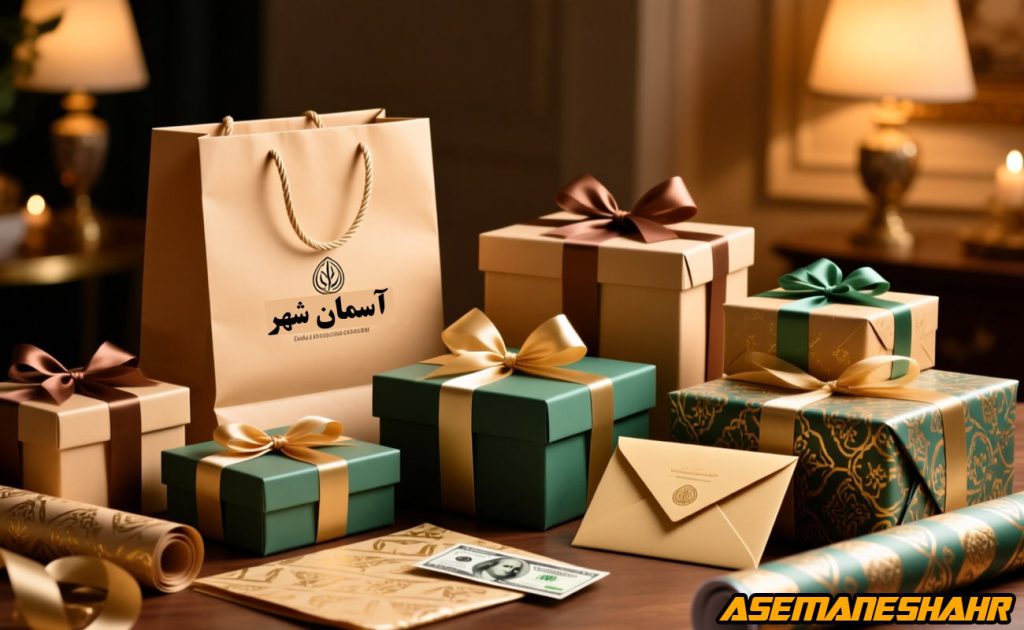 ساک دستی آسمان شهر کنار چند جعبه کادوی سبز و کرم با پاپیون ساتن، کاغذ کادو طرح‌ دار و پاکت هدیه روی میز چوبی در نور گرم.