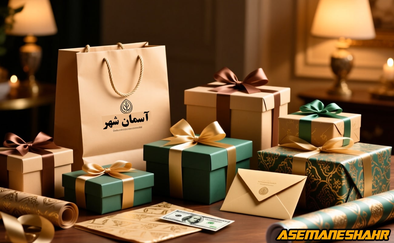 ساک دستی آسمان شهر کنار چند جعبه کادوی سبز و کرم با پاپیون ساتن، کاغذ کادو طرح دار و پاکت هدیه روی میز چوبی در نور گرم.