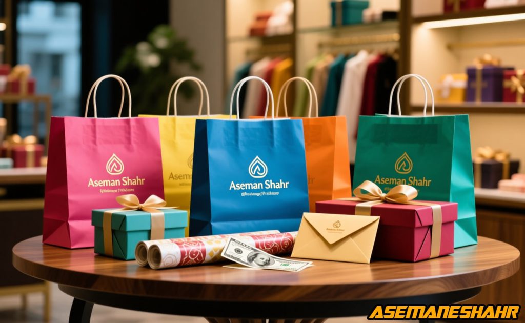 ساک دستی رنگارنگ آسمان شهر با جعبه هدیه و پاکت پول در فروشگاه شیک.