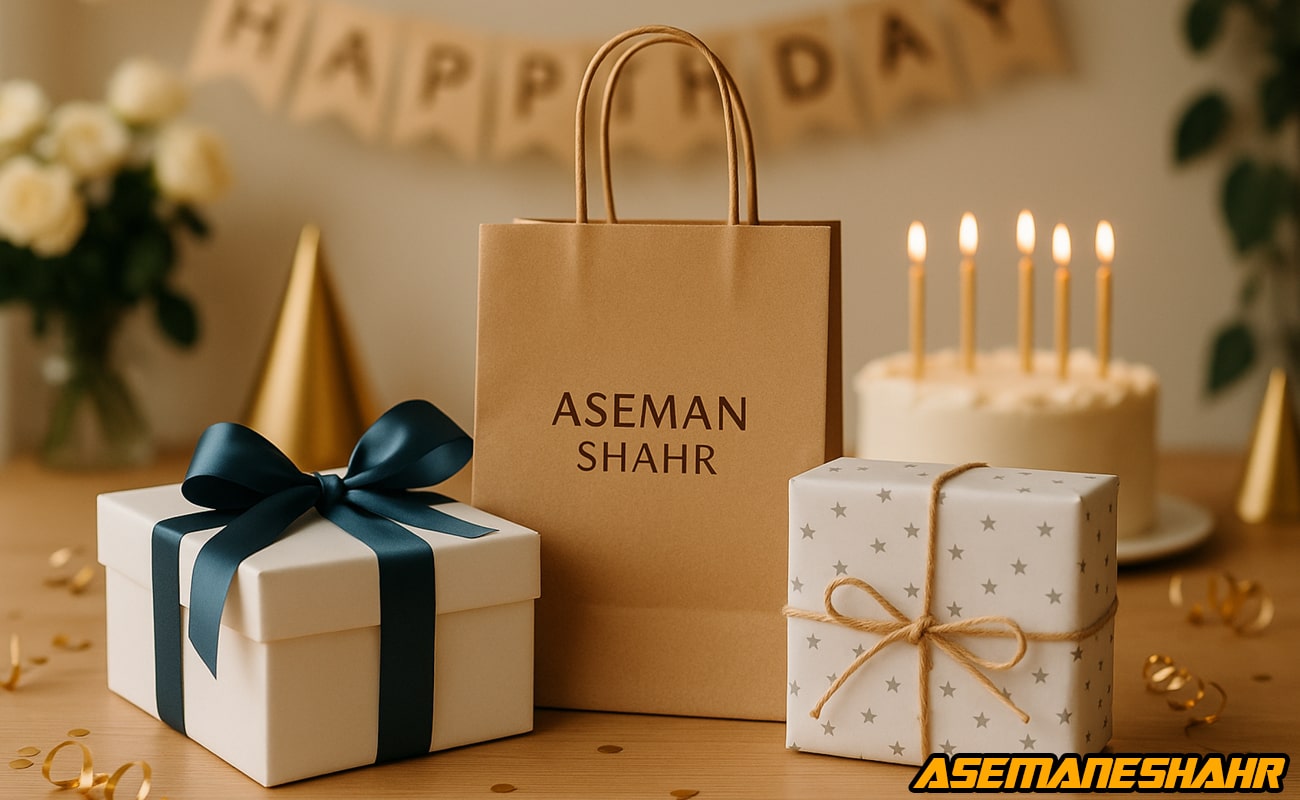 بسته‌ بندی شیک هدیه تولد آسمان شهر با ساک دستی کرافت، جعبه سفید روبان سرمه‌ ای و جعبه ستاره‌ ای، در کنار کیک و شمع‌.