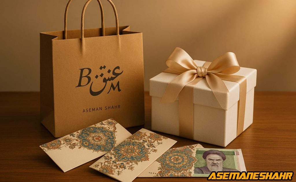 جعبه هدیه شیک طلایی برای مراسم ازدواج، همراه با پاکت پول طرح سنتی ایرانی و ساک دستی برند آسمان شهر روی میز چوبی.