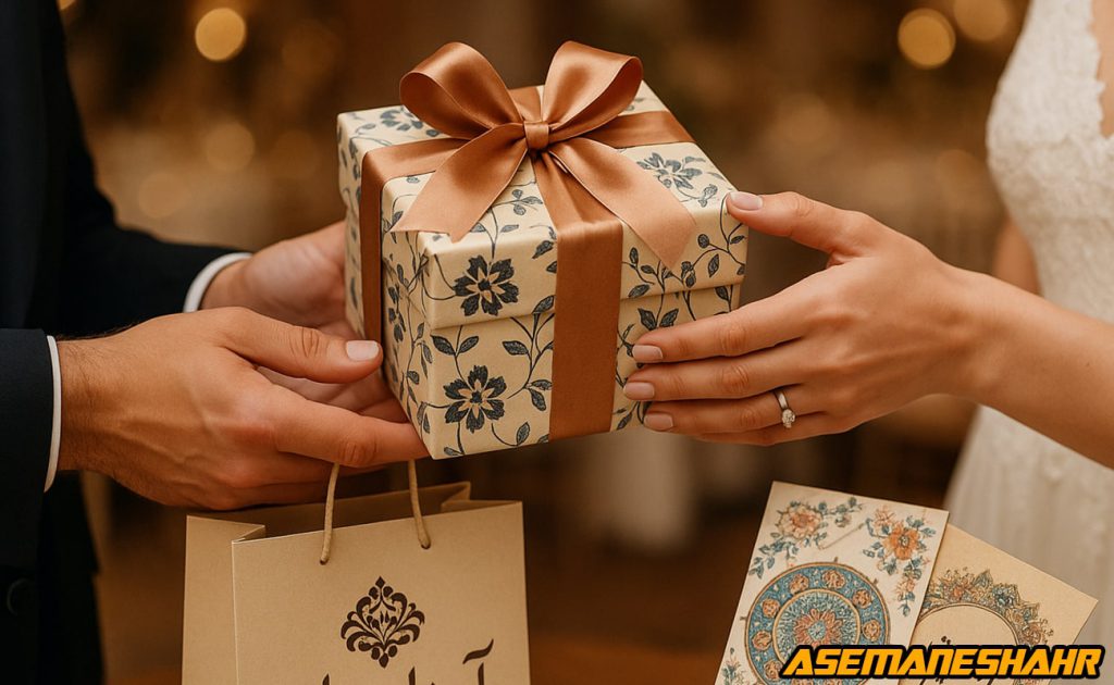 هدیه عروس و داماد با جعبه کادویی لاکچری گلدار و روبان طلایی، ساک دستی آسمان شهر و کارت تبریک سنتی ایرانی در مراسم ازدواج.