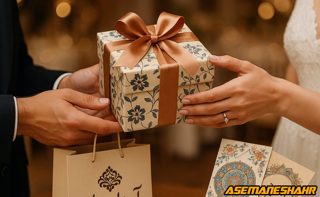 هدیه عروس و داماد با جعبه کادویی لاکچری گلدار و روبان طلایی، ساک دستی آسمان شهر و کارت تبریک سنتی ایرانی در مراسم ازدواج.