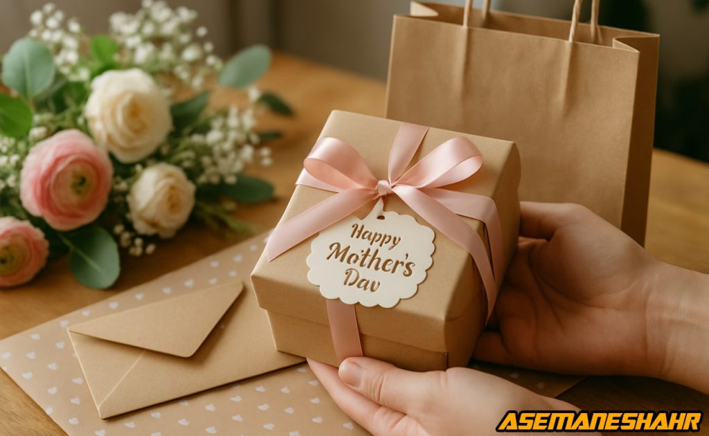 جعبه هدیه روز مادر با روبان صورتی و برچسب تبریک، کنار پاکت کادویی، ساک دستی و دسته گل طبیعی روی میز چوبی، ایده‌ ای خاص.
