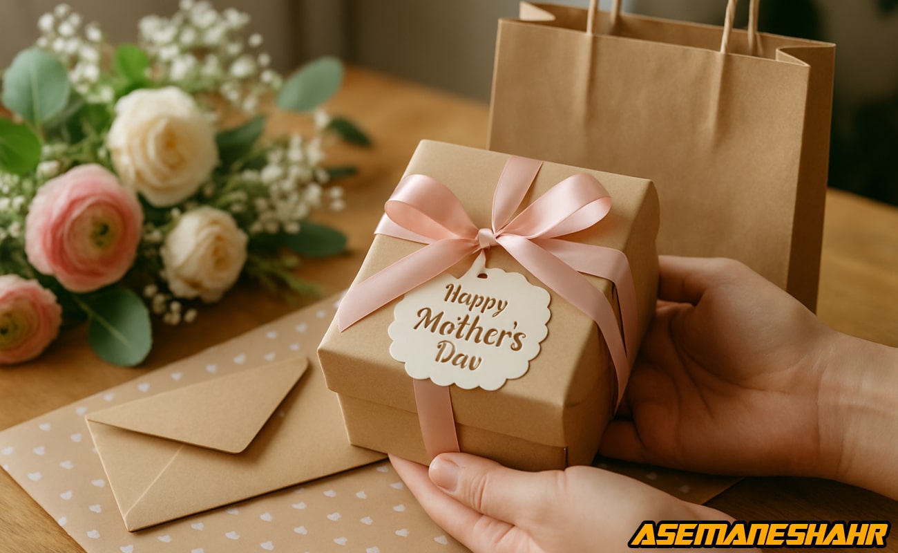 جعبه هدیه روز مادر با روبان صورتی و برچسب تبریک، کنار پاکت کادویی، ساک دستی و دسته گل طبیعی روی میز چوبی، ایده‌ ای خاص.