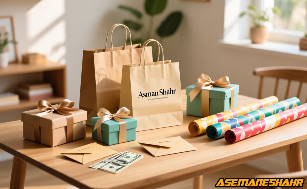 ساک دستی کاغذی آسمان‌ شهر در کنار جعبه‌ های هدیه لوکس، رول‌ های رنگارنگ کاغذ کادو و پاکت‌ های شکیل روی میز چوبی در نور طبیعی.