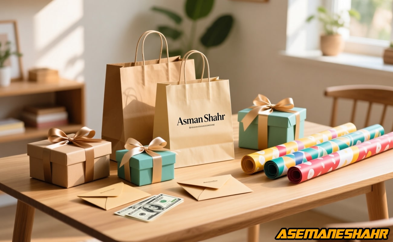 ساک دستی کاغذی آسمان شهر در کنار جعبه های هدیه لوکس، رول های رنگارنگ کاغذ کادو و پاکت های شکیل روی میز چوبی در نور طبیعی.