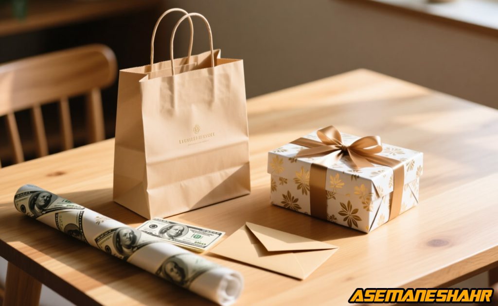 پاکت هدیه شیک همراه جعبه هدیه سفید طلایی، رول کاغذ کادو طرح اسکناس و پاکت کادویی روی میز چوبی در نور آفتاب.