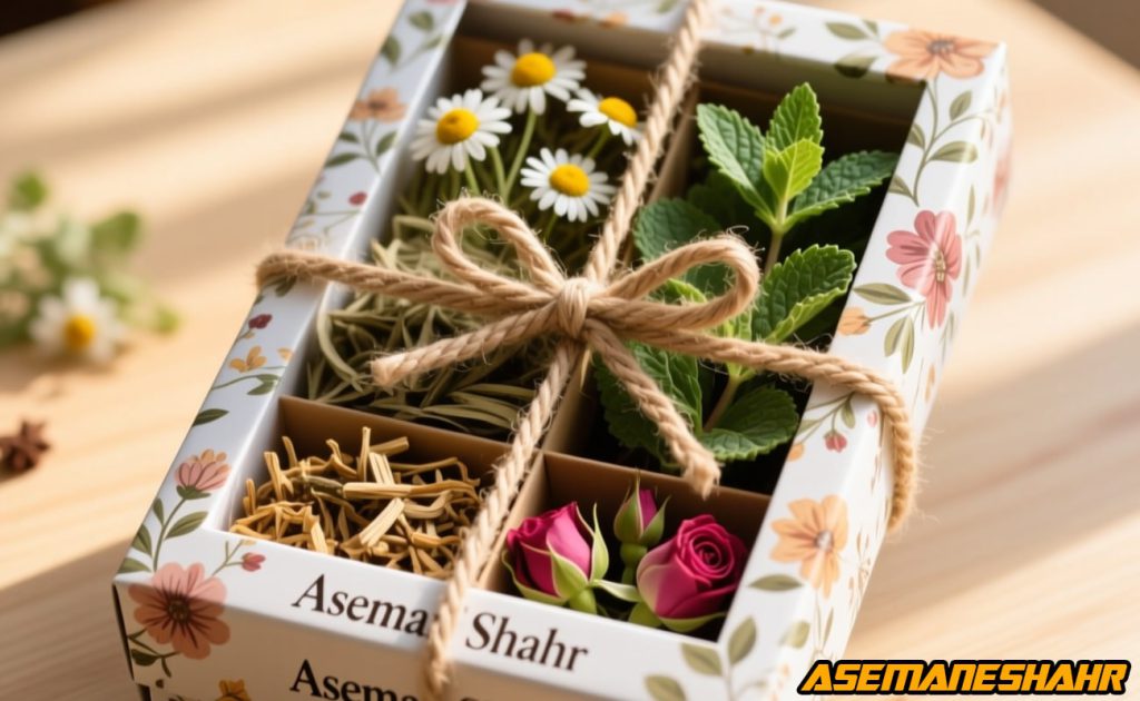 جعبه گیاهان دارویی با بابونه، نعناع، گل محمدی و ریشه خشک، بسته‌ بندی گلدار و روبان کنفی روی میز چوبی.