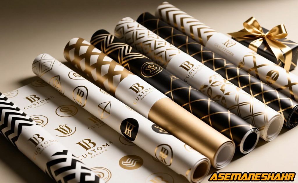 رول‌های کاغذ کادوی لاکچری با چاپ شخصی سازی شده مشکی، سفید و طلایی، طرح‌ های هندسی و لوگوی برند، مناسب کادوپیچ هدایا.
