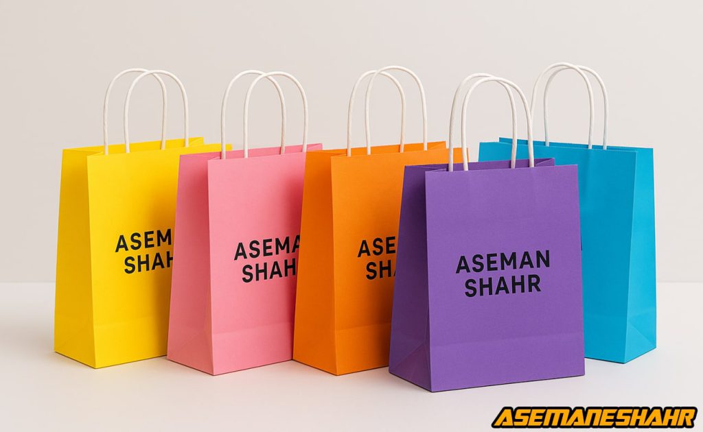 بگ کاغذی رنگی با چاپ برند آسمان شهر، طراحی لوکس و مناسب برای بسته‌ بندی هدایا و تبلیغات فروشگاهی.