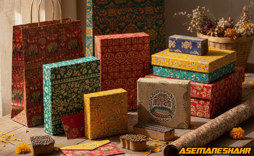 جعبه و ساک دستی با چاپ دستی سنتی هندی و طرح های الهام گرفته از فرهنگ هند.