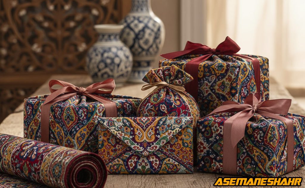 بسته بندی هدایا با پارچه ترمه دستباف ایرانی و روبان ساتن، الهام از هنر اصیل ایران.