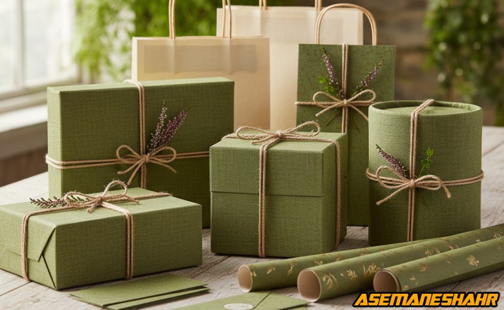 جعبه هدیه و ساک هدیه با روکش کتان سبز و تزئین بند کنفی، الهام گرفته از طبیعت ایرلند.