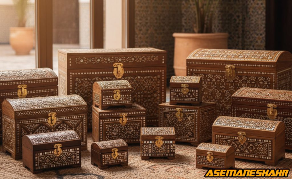 صندوقچه های چوبی دست ساز مراکشی با نقش و نگار سنتی و قفل های برنجی، هنر اصیل.