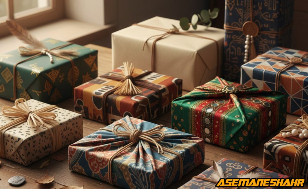 مجموعه بسته‌بندی‌های فرهنگی با الگوهای پارچه‌ ای و کاغذی از نقاط مختلف جهان، روبان‌های طبیعی و تزئینات دست‌ ساز برای آسمان شهر.
