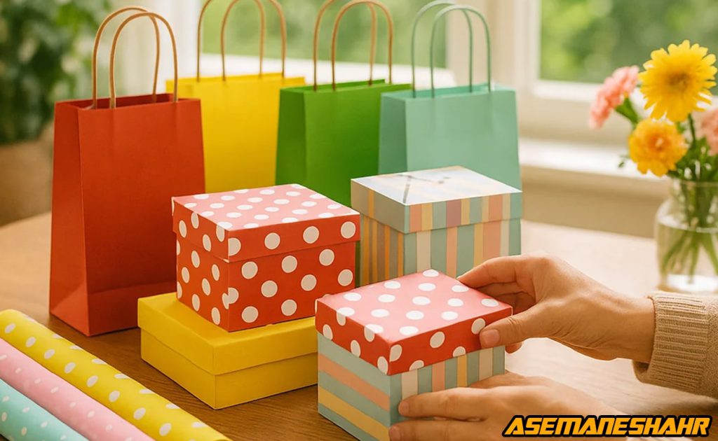 ساک دستی کاغذی رنگی و جعبه هدیه آسمان شهر با طرح خال‌ خالی و راه‌ راه، مناسب بسته‌ بندی خلاقانه و شیک هدایا.