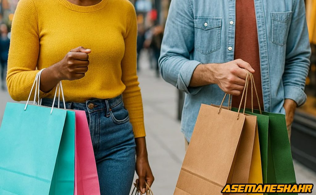 ساک دستی کاغذی عمومی و اختصاصی در رنگ‌های متنوع آبی، صورتی، قهوه‌ ای و سبز، در دست مشتریان در فضای شهری مدرن.