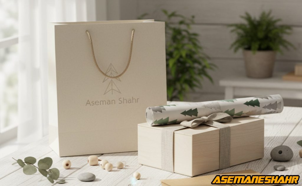 بسته بندی و بگ شاپ مینیمال اسکاندیناوی با جعبه چوبی طبیعی و کاغذ هدیه درخت کاج، سبک ساده و ارگانیک.