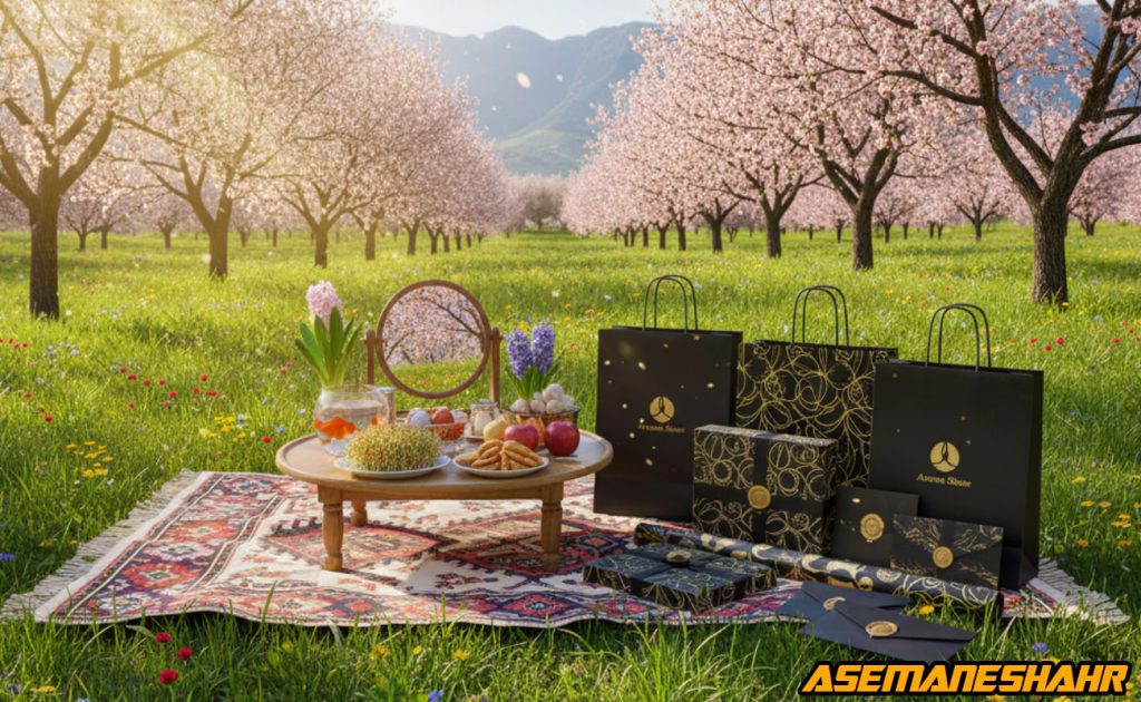 هفت‌ سین بهاری در باغ شکوفه هلو با ساک دستی و جعبه هدیه لوکس مشکی و طلایی آسمان شهر، ترکیب سنت نوروزی و بسته‌ بندی لاکچری.