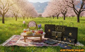 هفت‌ سین بهاری در باغ شکوفه هلو با ساک دستی و جعبه هدیه لوکس مشکی و طلایی آسمان شهر، ترکیب سنت نوروزی و بسته‌ بندی لاکچری.