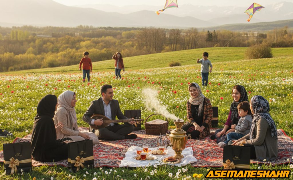پیک‌ نیک خانوادگی روز طبیعت در دشت پرگل با samovar سنتی، موسیقی زنده و پاکت هدیه، الهام از آیین سیزده‌به‌در ایرانی