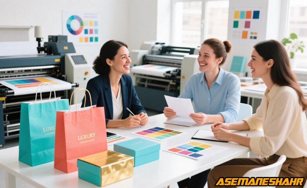 جلسه انتخاب رنگ و طراحی بسته‌ بندی آسمان شهر با ساک‌ های دستی لوکس و جعبه‌ های طلایی و فیروزه‌ ای در چاپخانه مدرن.