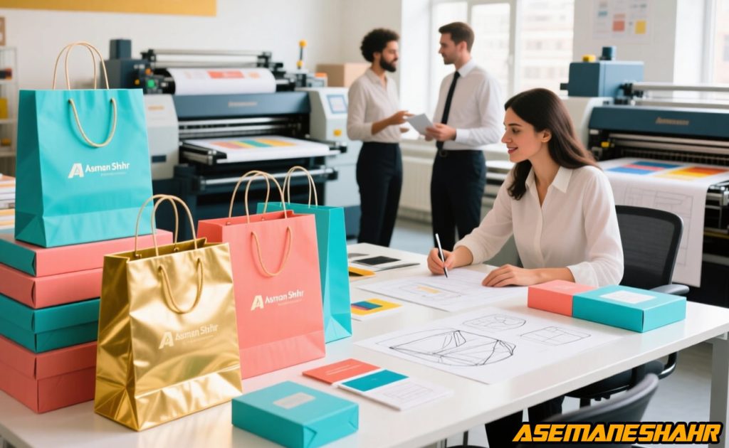در حال انجام طراحی جهت تولید کادوپیچ با بگشاپ فیروزه ای، طلایی و مرجانی در چاپخانه حرفه ای.