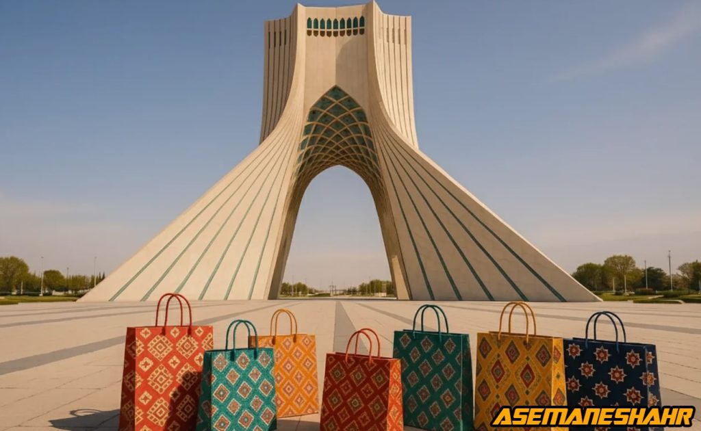 ساک دستی کاغذی طرح سنتی آسمان شهر با نقش‌ های اسلیمی در میدان آزادی تهران، تلفیق هنر ایرانی و بسته‌ بندی لوکس.